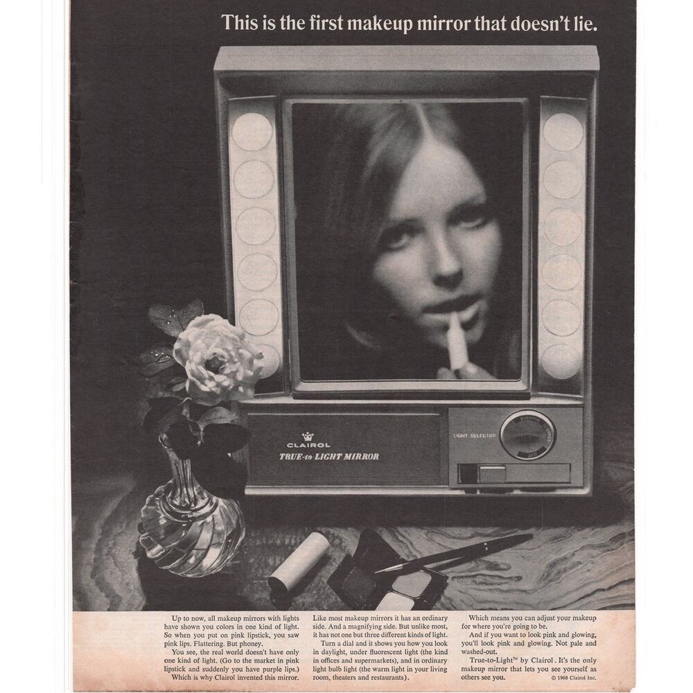 Clairol True to Light Mirror advertisement Vintage 1968 Beauty Makeup Women B&W